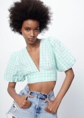 Zara Cottagecore Gingham Plaid Cropped Blouse w/ Puff Sleeves M Bloggers Fave